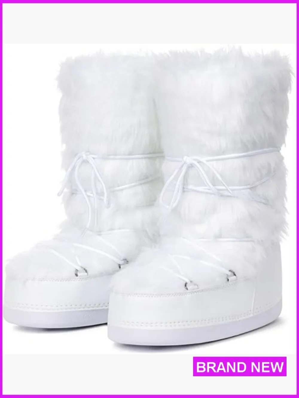 Faux Fur Mid Calf Snow Boots Fluffy Winter Warm Fur Lined Slip On Lace Up